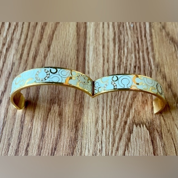 Authentic Coach White Enamel Gold-Tone “C” Bangle Bracelet with Crystals - Picture 3 of 7